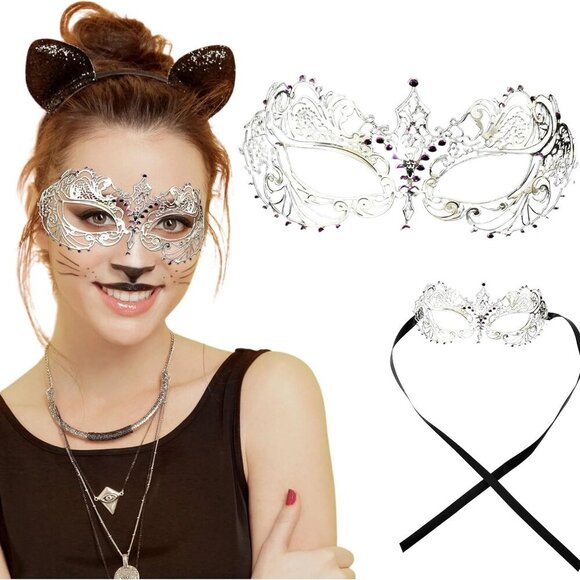 Masquerade Mask for Women with Rhinestones - Elegant Metal Venetian Face Mask fo - Picture 1 of 7